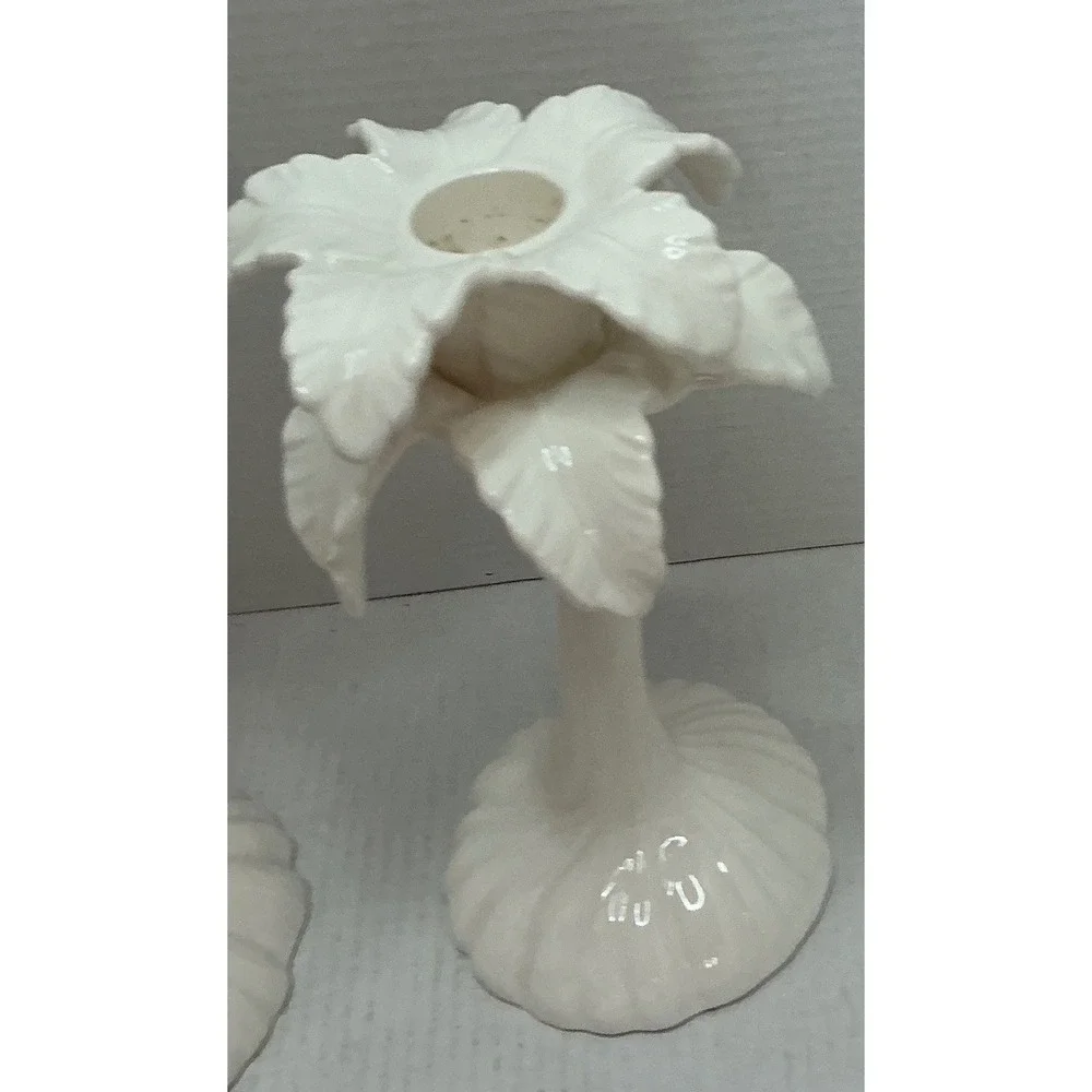 Fitz and Floyd Vintage Palm Tree Candle Holders White Ceramic Tropical Set of 2